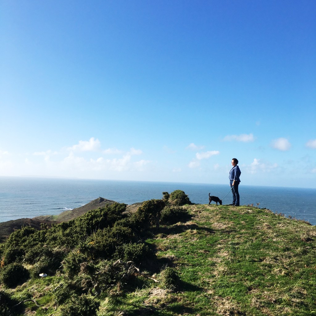  A woman gazes out to see at the tiop of a windy headland, a small black dog sniffing the ground at her feet