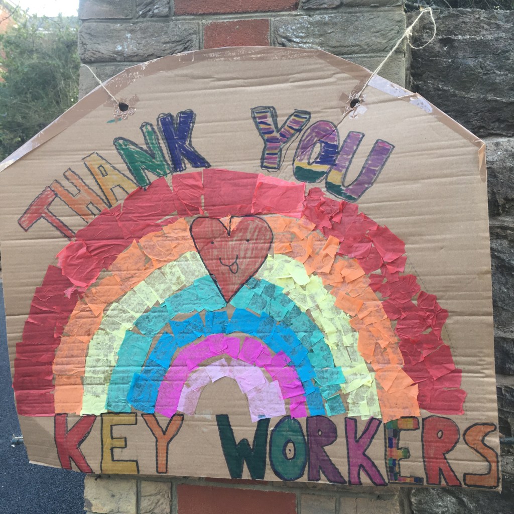 A carboard sign from the pandemic reading 'Thank you, Key workers'