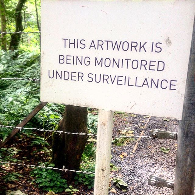 Text from an an installation piece at Jupiterartland, Scotland, which reads: 'This artwork is being monitored under surveillance.'