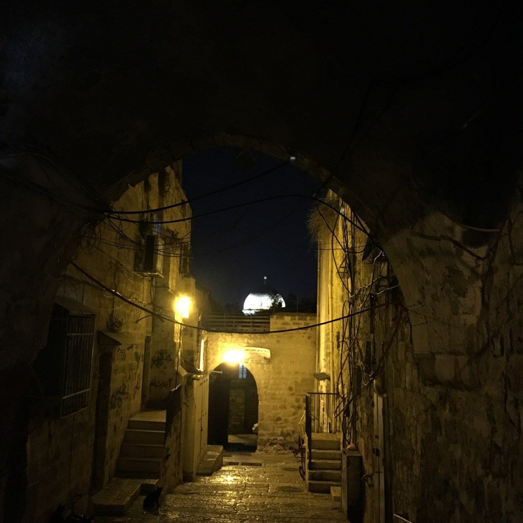 An alleyway of an ancient, Middle Eastern city at night