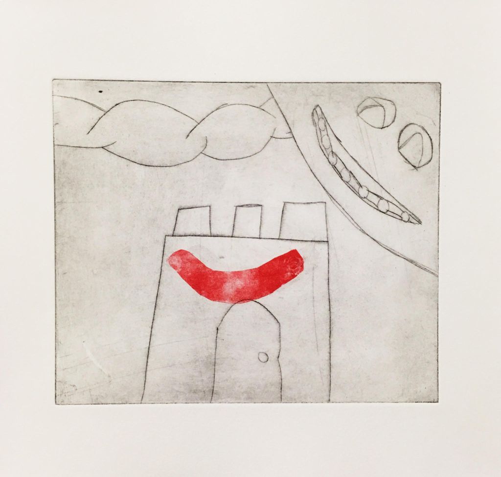 A black and white child's drawing of a castle with a red stripe in the shape of a smile beneath the crenellations.